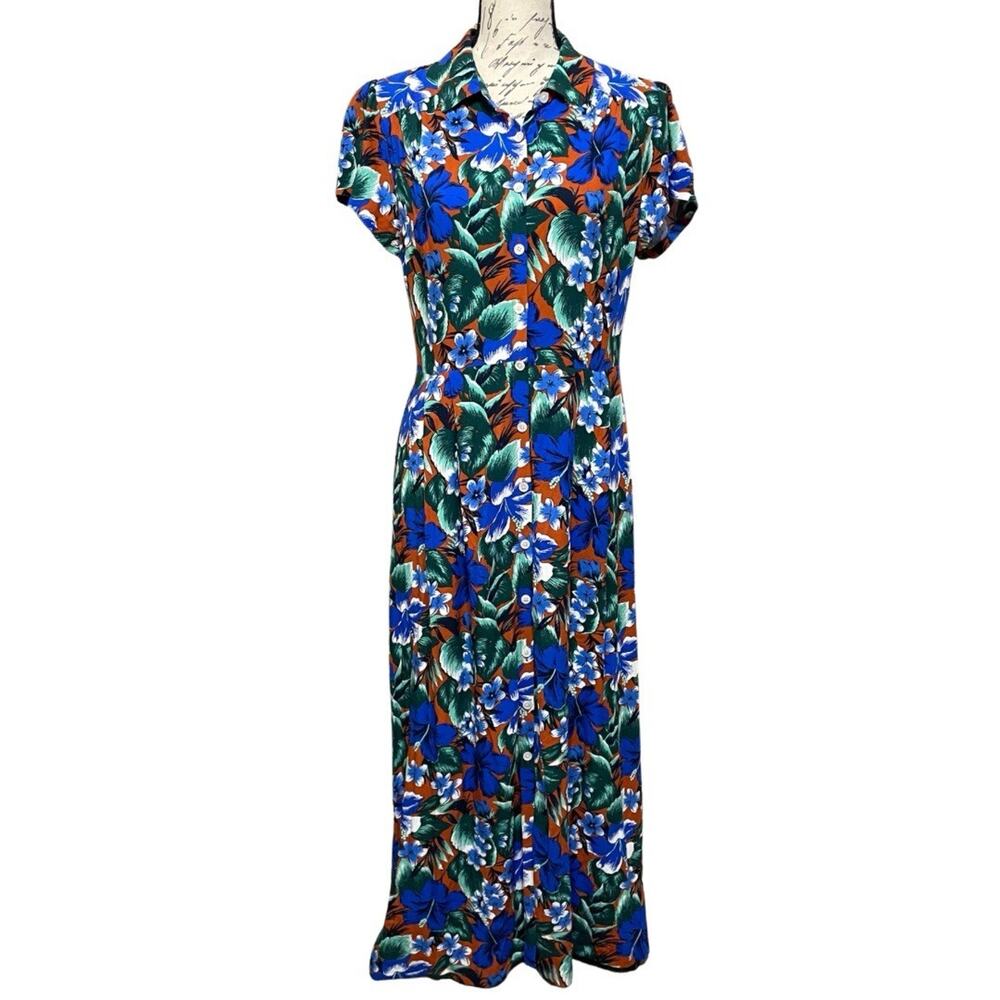 J.Crew Floral Midi Shirt Dress Women’s S Blue Short Sleeve Button Front NEW